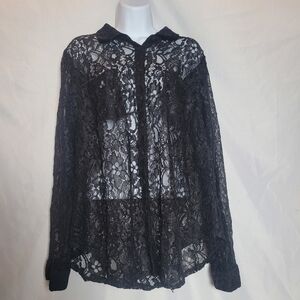 Torrid  Witchy Black Sheer Lace Long Sleeve Button Up Shirt Women's Size 2(2X)